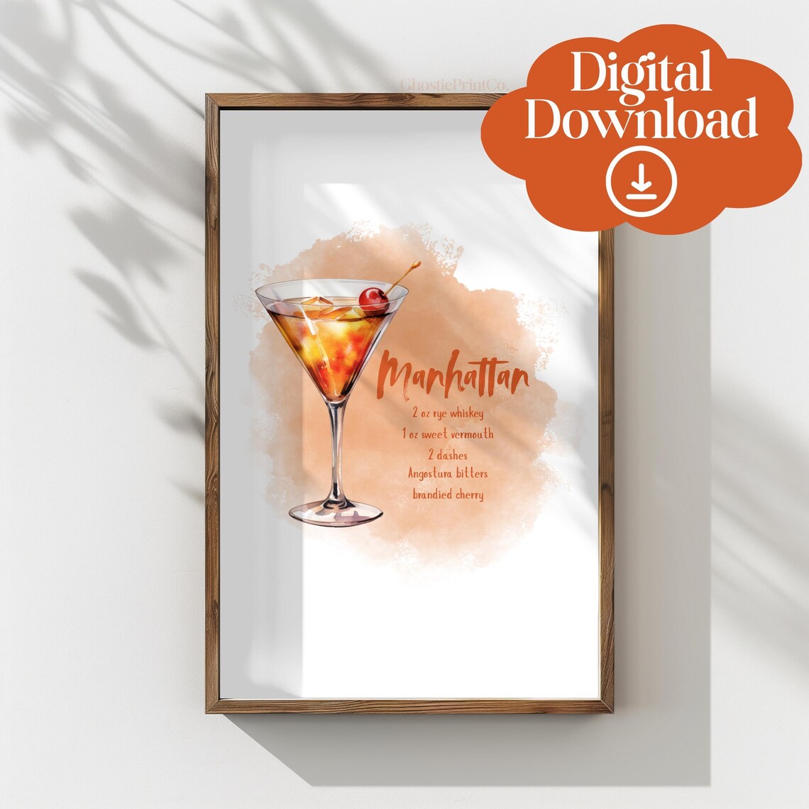 Manhattan Cocktail Recipe Watercolor Bar Art Whiskey Drink Recipe Poster