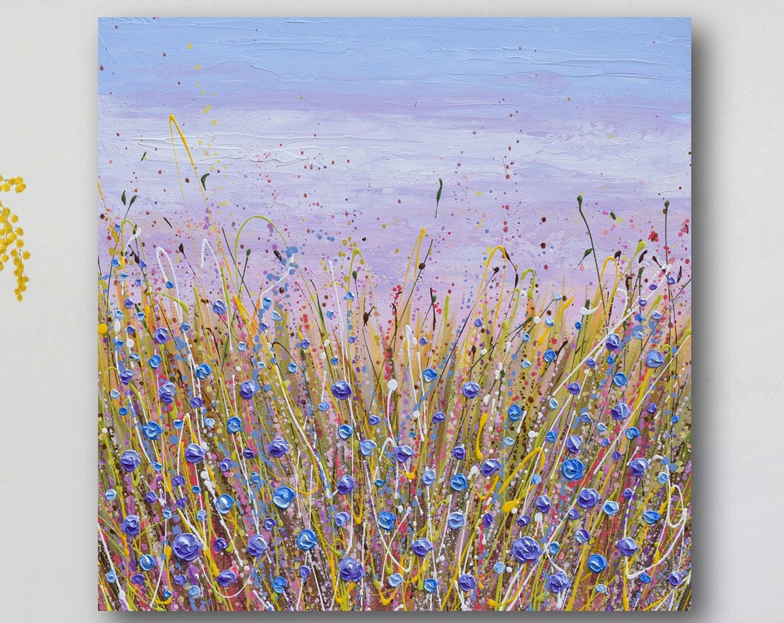 Purple Wildflowers Field Painting Blue Blooms Lavender Sky Art Print