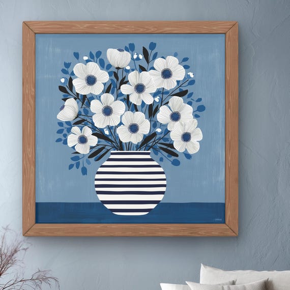 Navy Blue White Anemone Floral Print Striped Vase Botanical Wall Art Modern Abstract Flower Illustration Coastal Home Decor