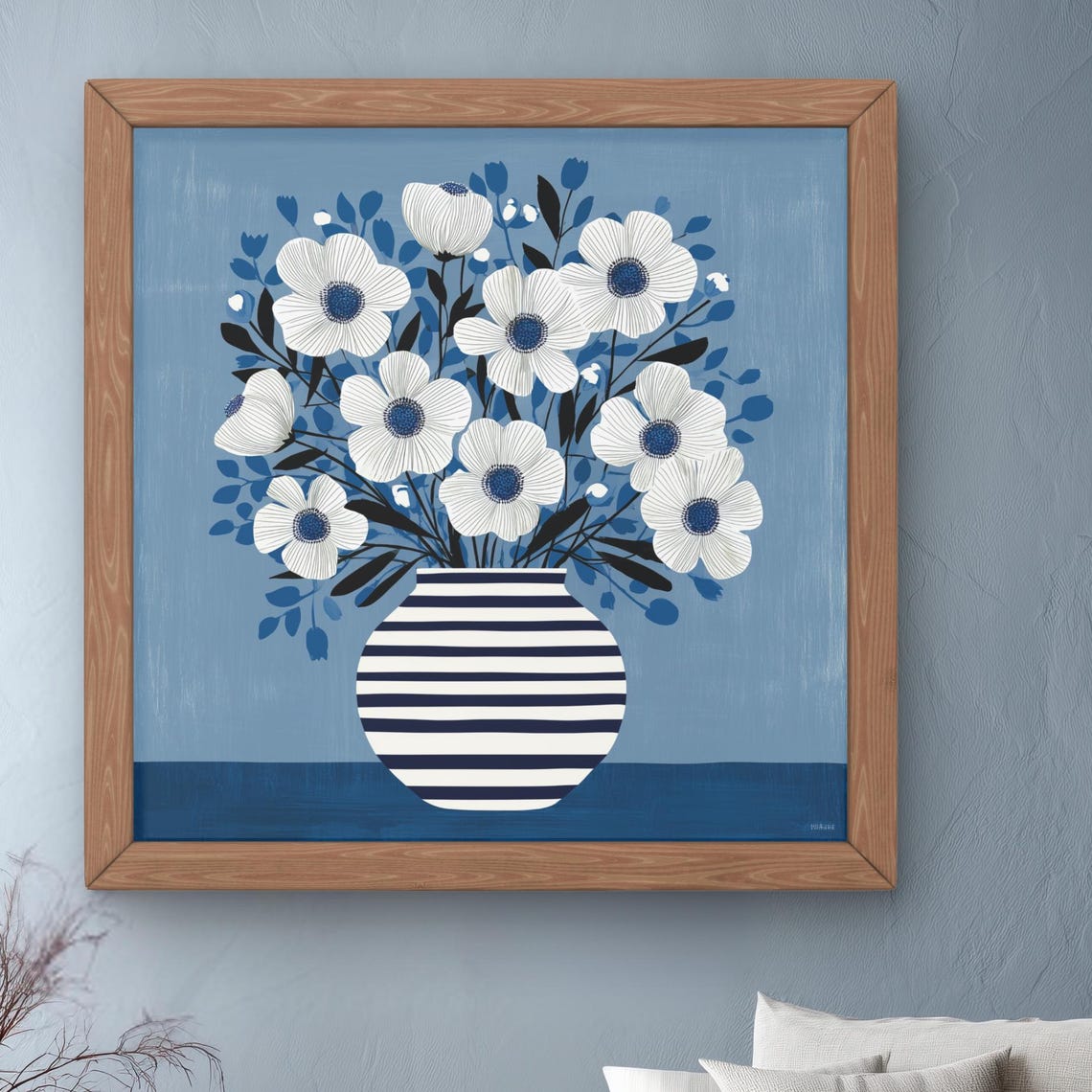 Navy Blue White Anemone Bouquet Striped Vase Modern Floral Art Poster