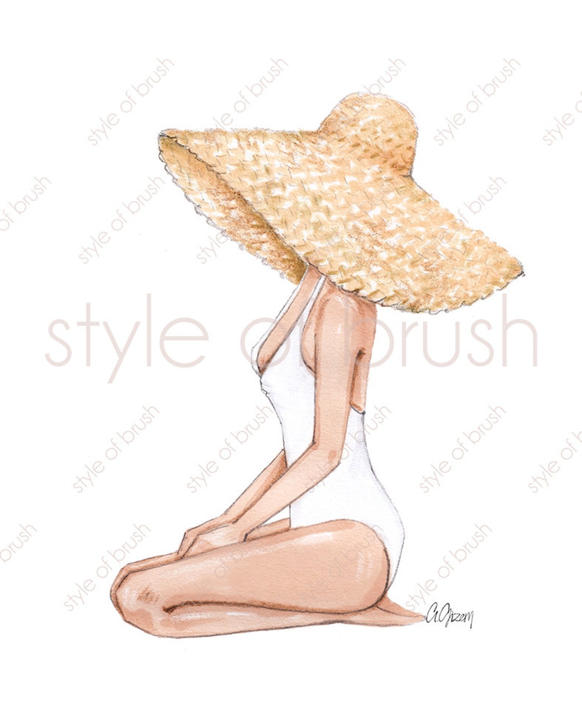 White Swimsuit and Oversized Straw Hat Beach Girl Watercolor Poster - Image 2