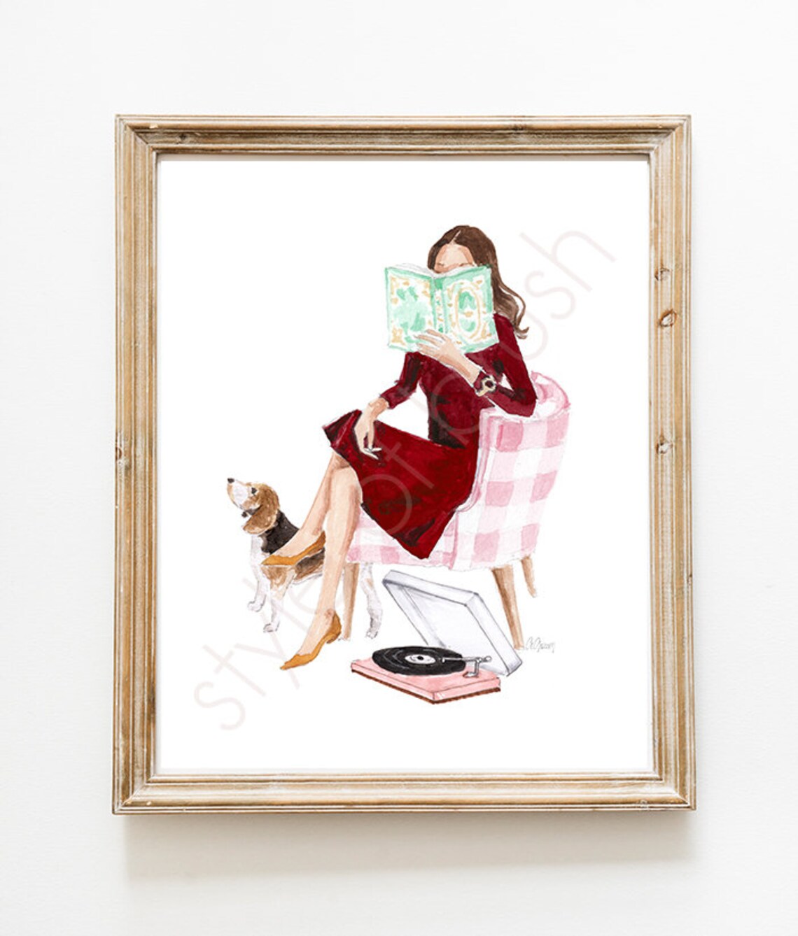 Woman in Red Dress Reading with Beagle and Record Player Poster - Image 2