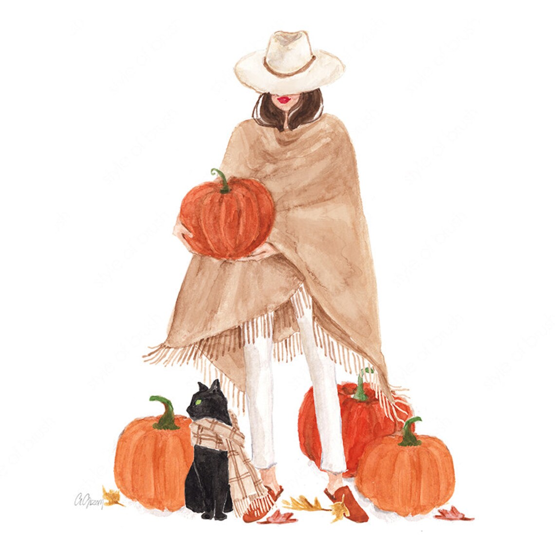 Fall Fashion Girl with Black Cat Pumpkins Fedora Tan Poncho Poster - Image 2