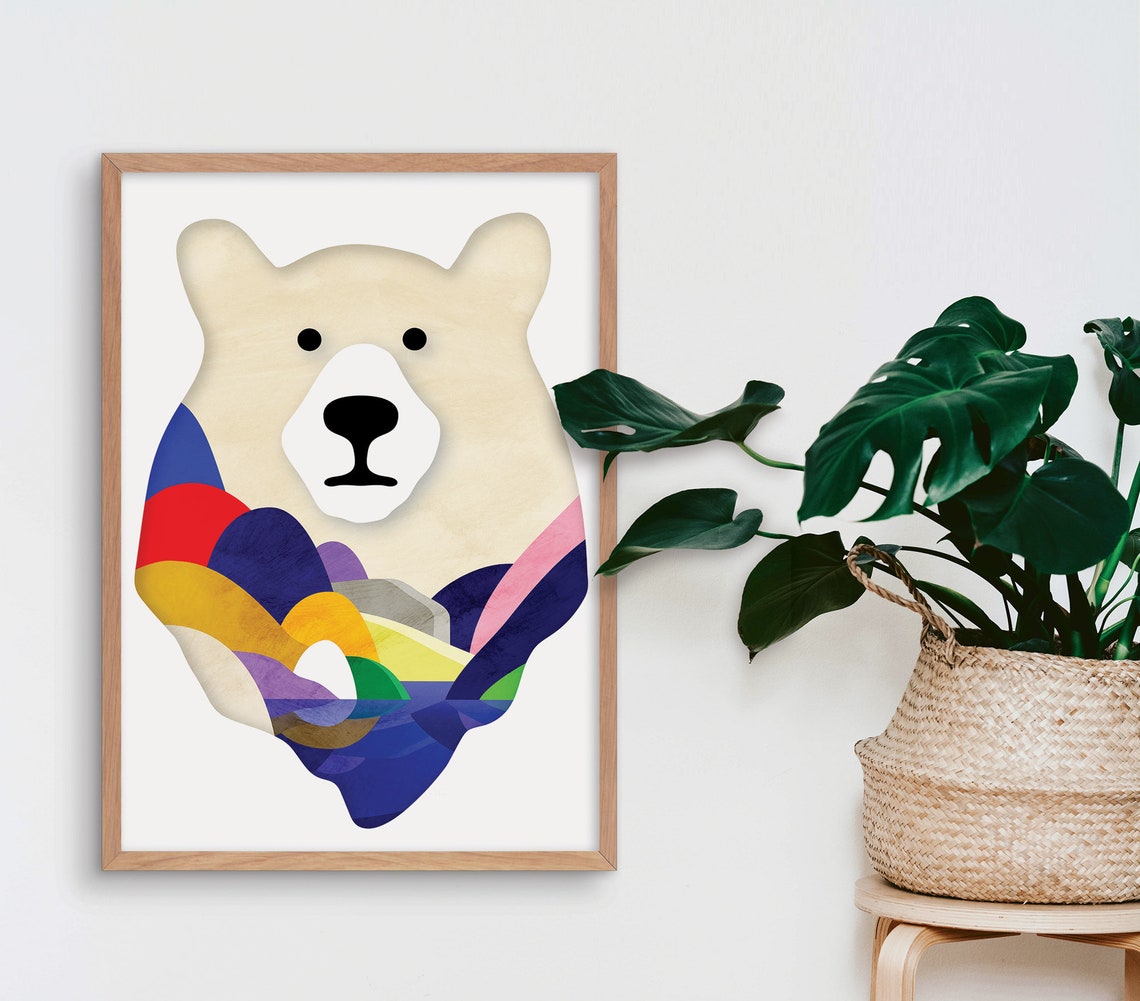 White Bear Head Double Exposure Colorful Abstract Shapes Art Poster - Image 3
