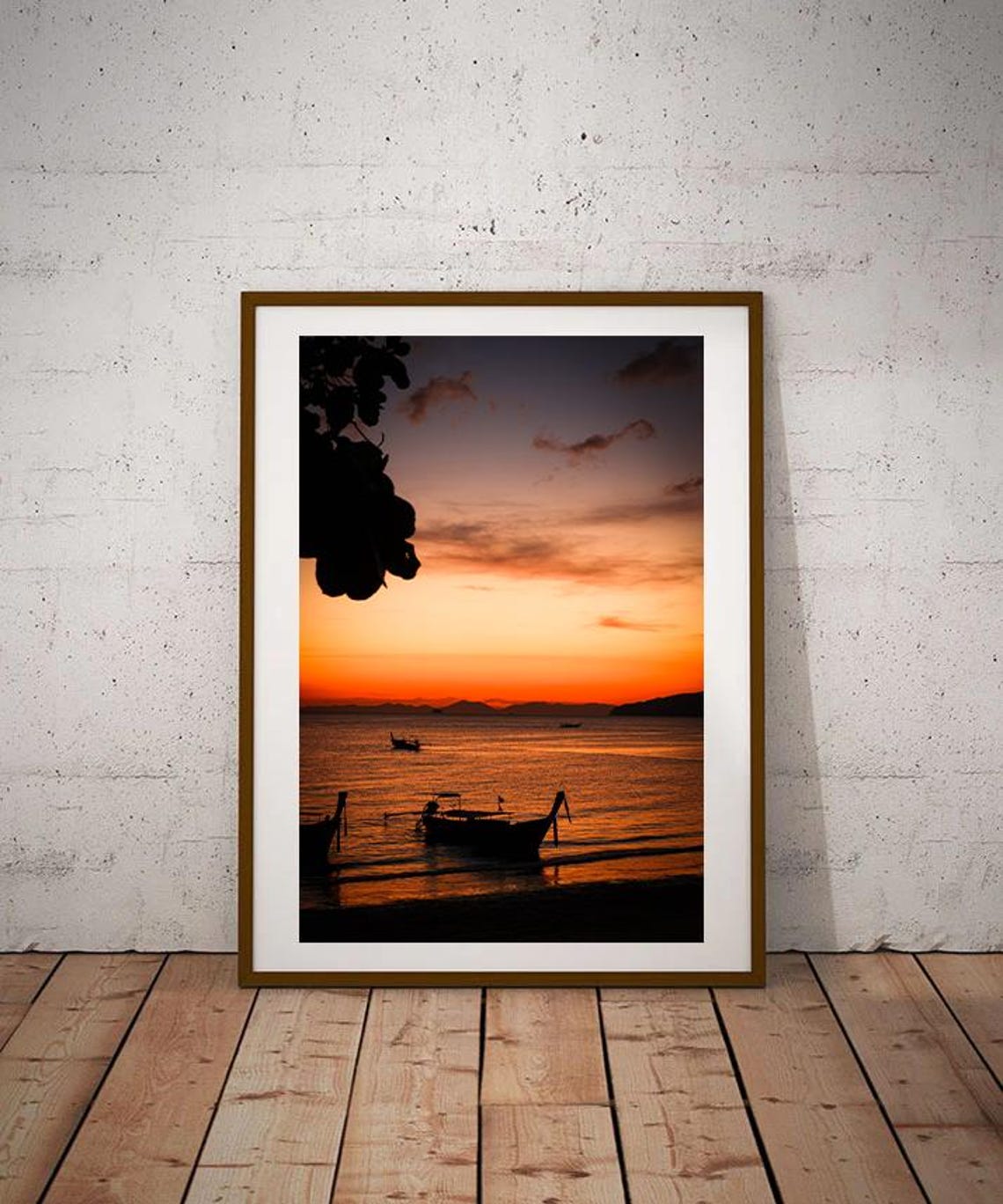 Krabi Thailand Sunset Poster Longtail Boats Silhouette Beach