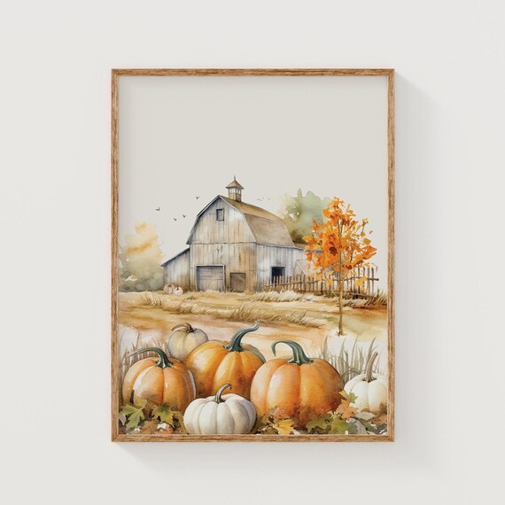 White Barn Pumpkins Autumn Watercolor Rustic Farmhouse Art Poster
