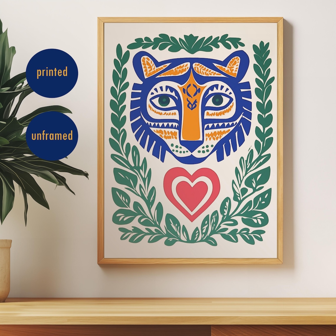 Colorful Folk Art Tiger Face Heart Scandinavian Decor Poster