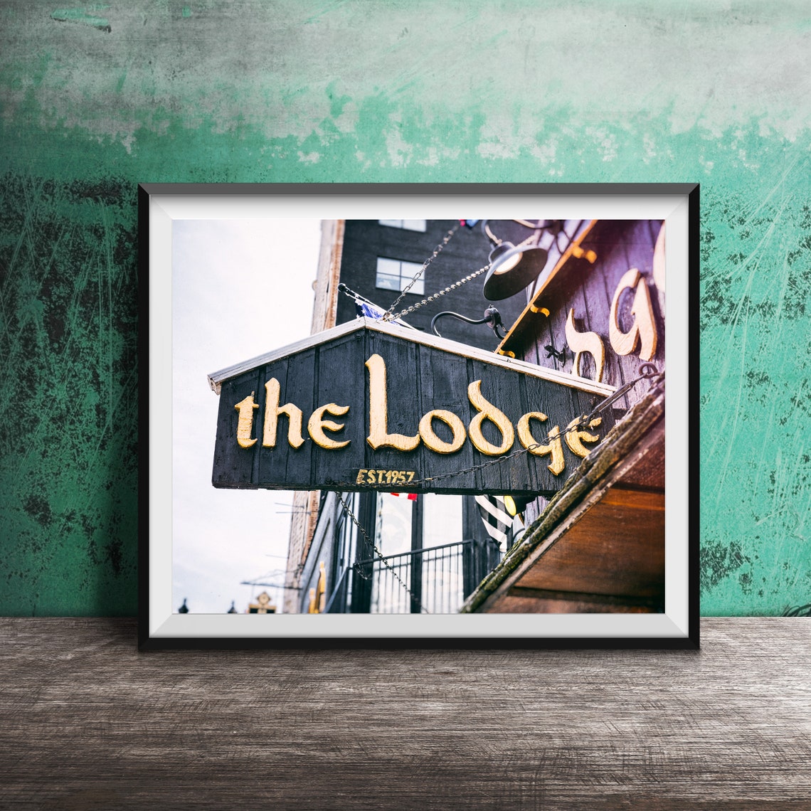 The Lodge Est 1957 Rustic Wooden Hanging Tavern Bar Sign Poster