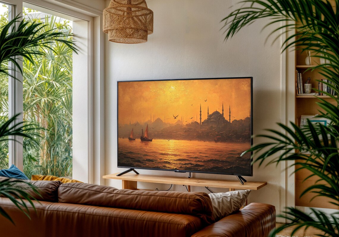 Istanbul Harbor Golden Hour Mosque Minarets Sailing Ships Painting Poster