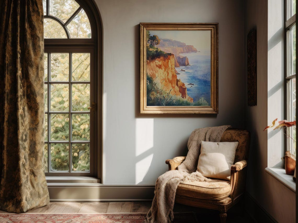 Big Sur Coastal Cliffs Watercolor Pacific Ocean Landscape Wall Print