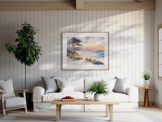 Carmel Beach Sunset Coastal Watercolor Art Print