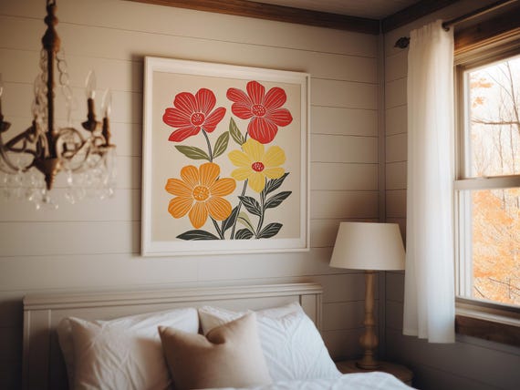 Colorful Spring Flowers Retro Bold Botanical Flower Market Wall Poster
