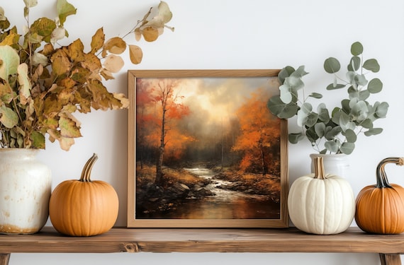 Autumn Forest Stream Orange Fall Trees Moody Woodland Wall Poster