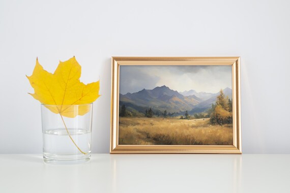 Golden Autumn Mountain Meadow Fall Landscape Oil Painting Wall Poster