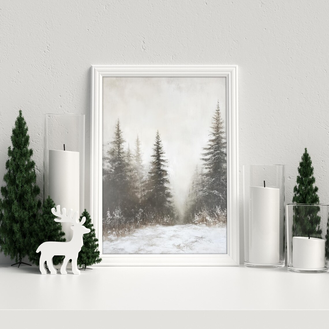 Misty Snowy Pine Forest Winter Landscape Neutral Tones Poster