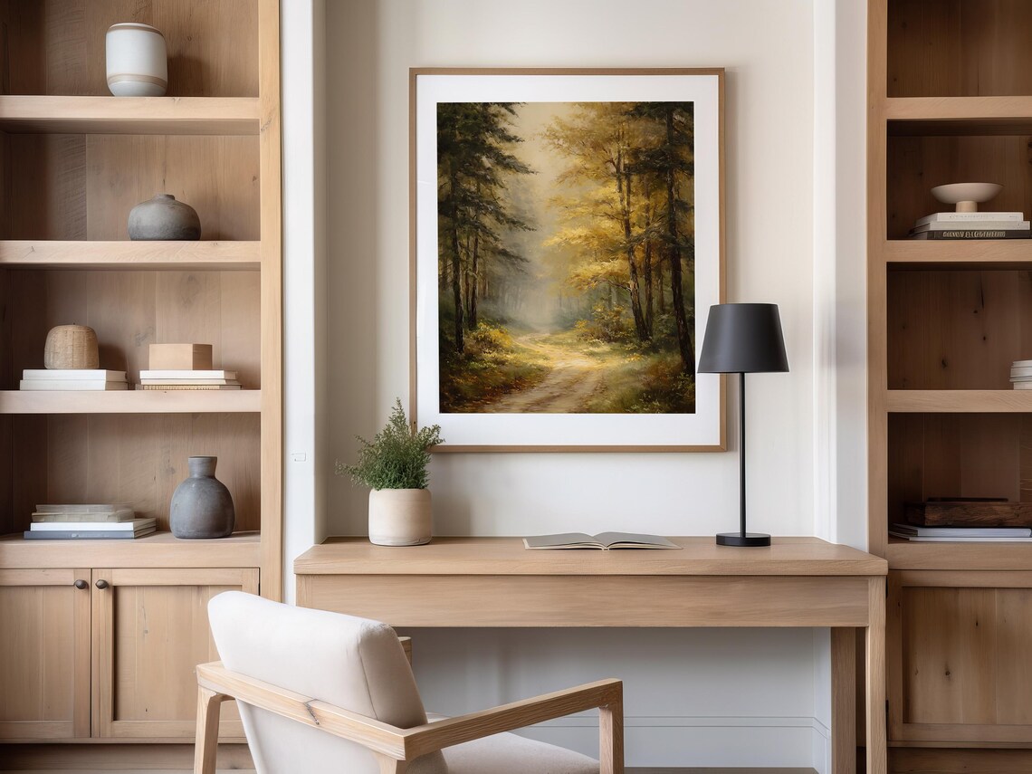 Golden Autumn Forest Path Misty Light Serene Oil Painting Poster