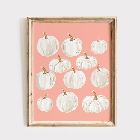 White Pumpkins On Pink Wall Art Autumn Harvest Fall Decor Painting