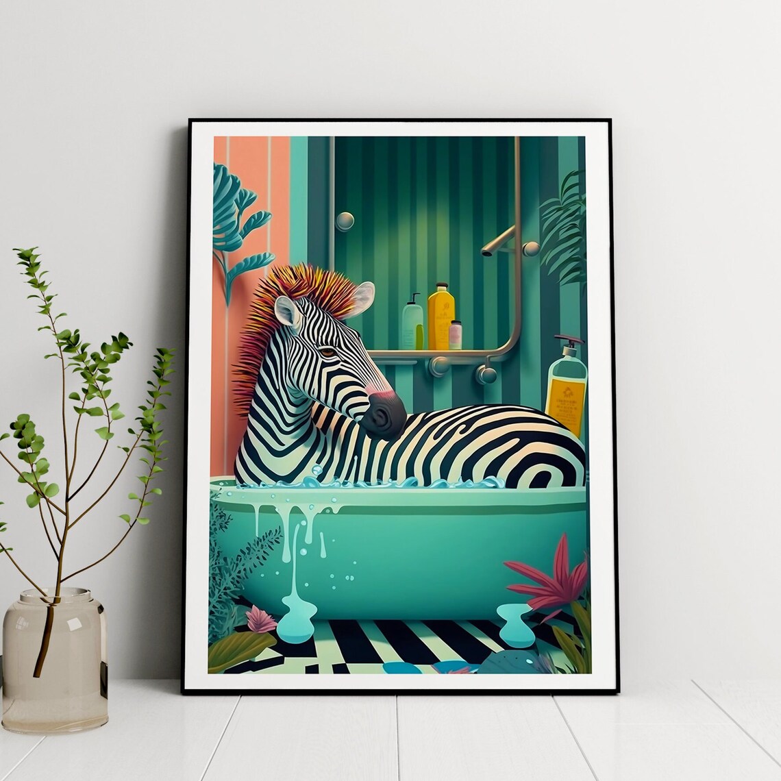 Cute Zebra In A Tub Maximalist Bathroom Art Print - Image 3