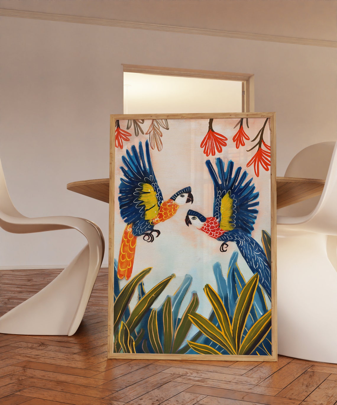 Two Colorful Parrots in Flight Over Tropical Leaves Floral Poster - Image 3