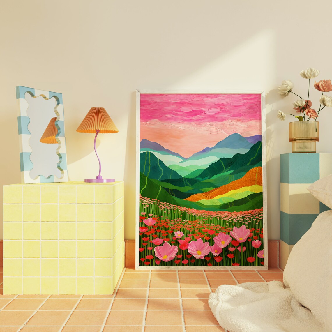 Pink Wildflower Meadow Illustration Art Print - Image 2