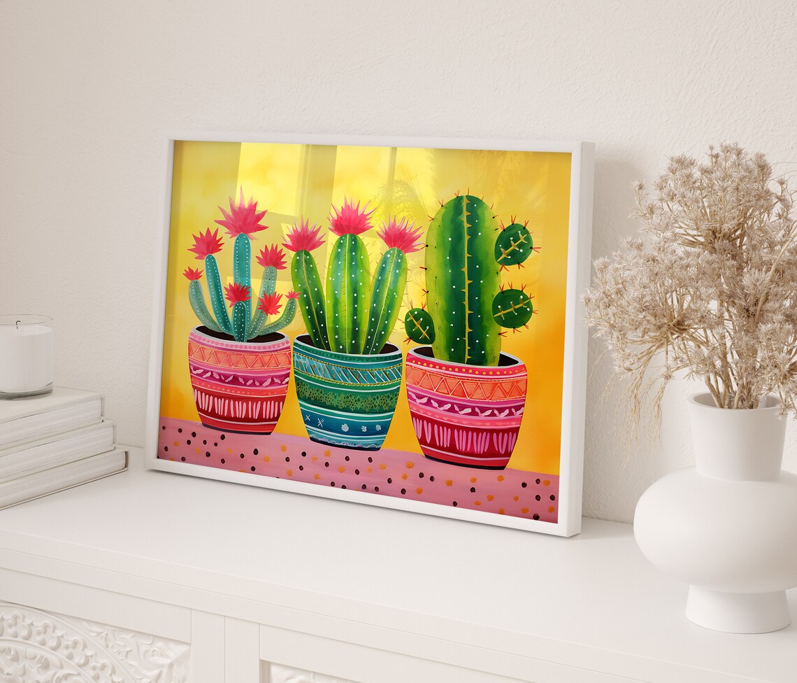 Cactus Folk Art Painting, Mexico Floral Art Print - Image 2