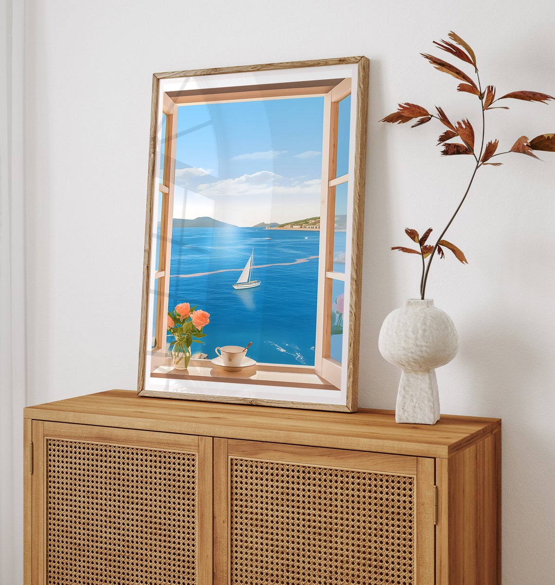Open Window Seaview Sailboat Coffee Cup Coastal Morning Poster - Image 2