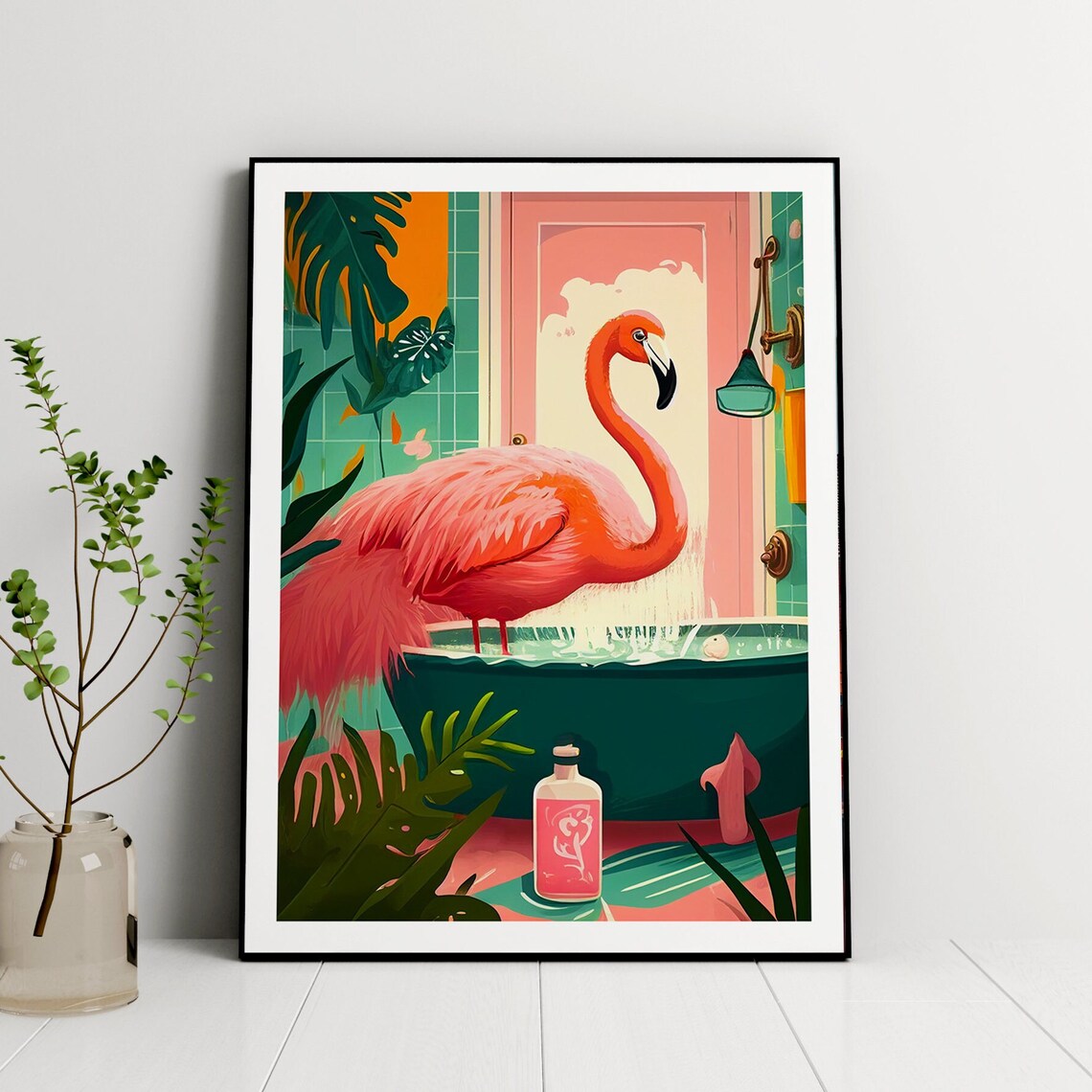 Flamingo Bathroom Humour Maximalist Tropical Art Print