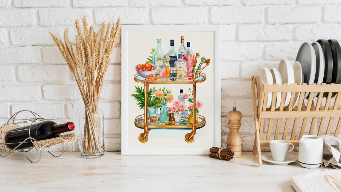 Gold Bar Cart With Cocktails And Flowers Illustration Poster