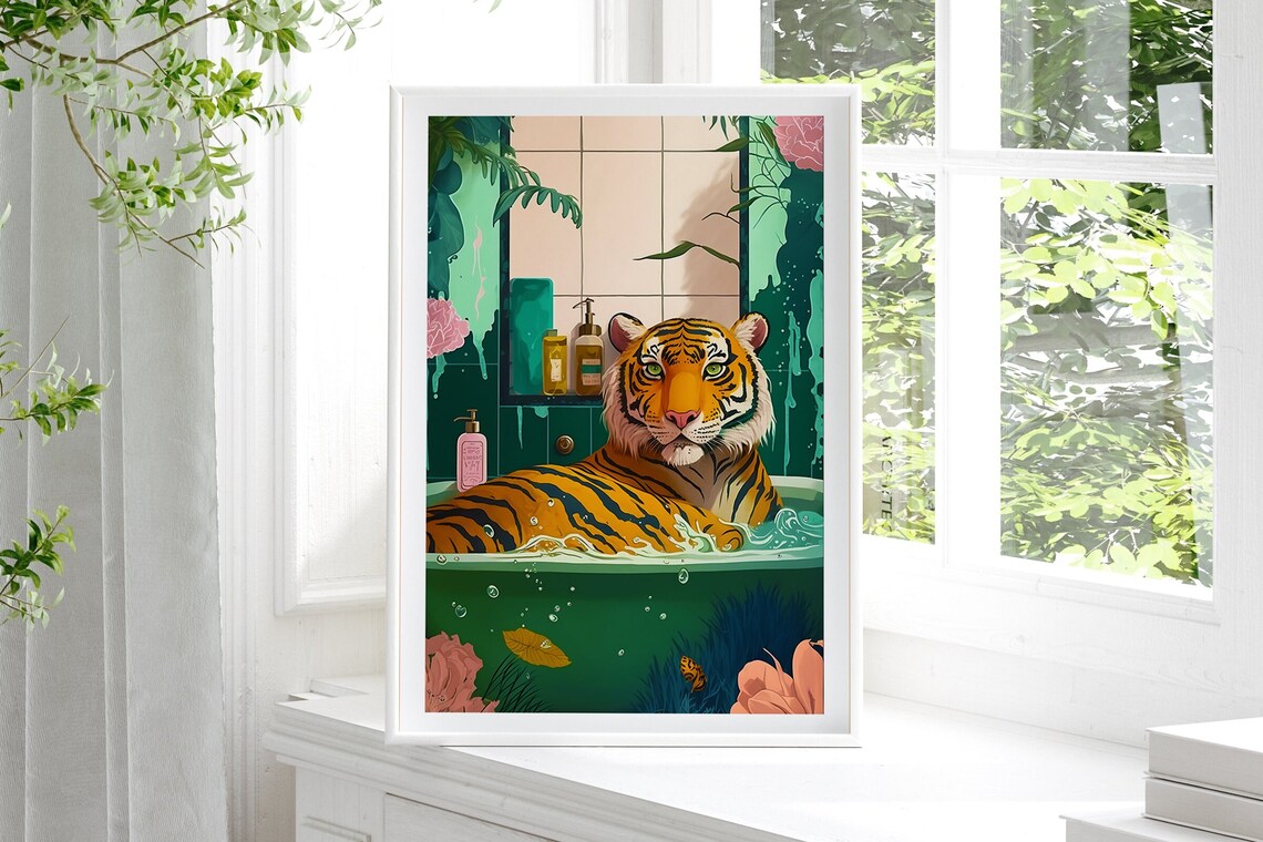 Boho Jungle Bathroom Art Print, Maximalist Animal