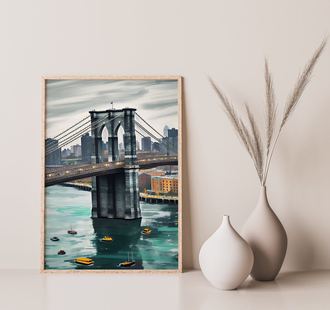 Brooklyn Bridge New York City Painting Boats On The Water Print - Image 2