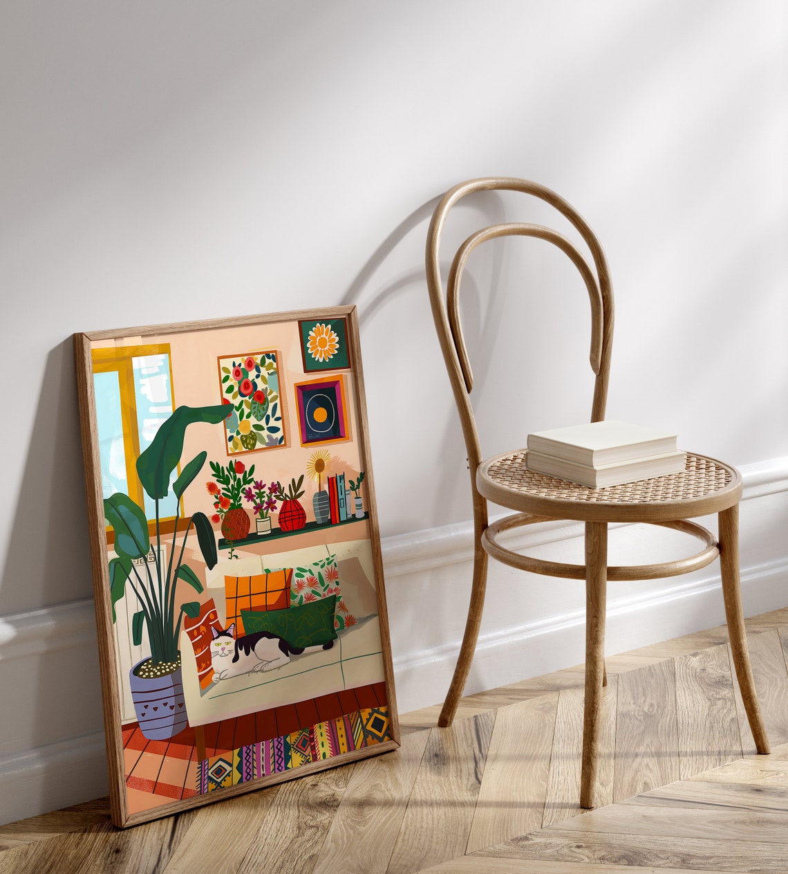 Cat Lounging on Sofa Cozy Boho Plant Filled Living Room Poster - Image 2