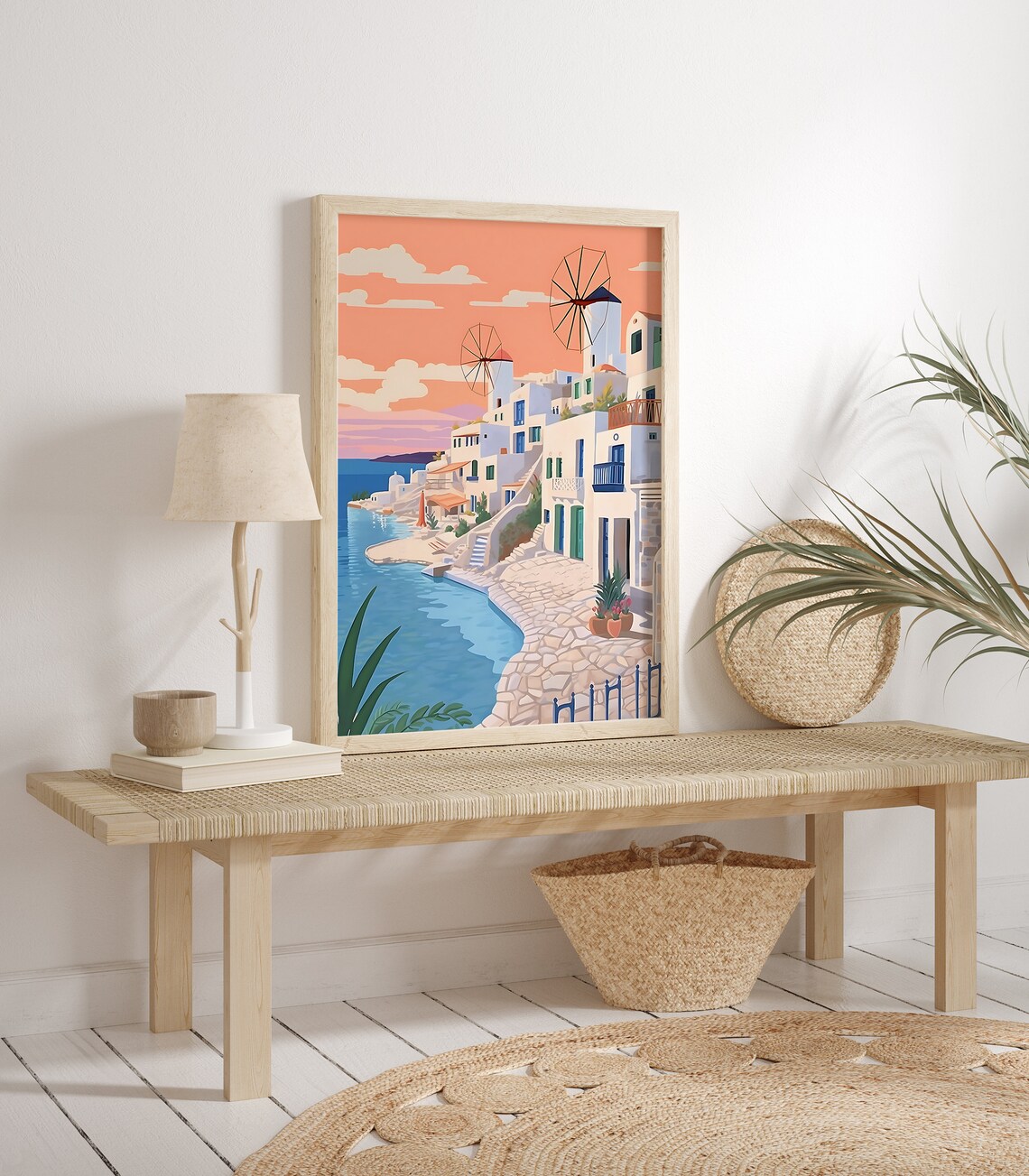 Greek Island Windmills White Houses by the Blue Sea Travel Art Poster - Image 2