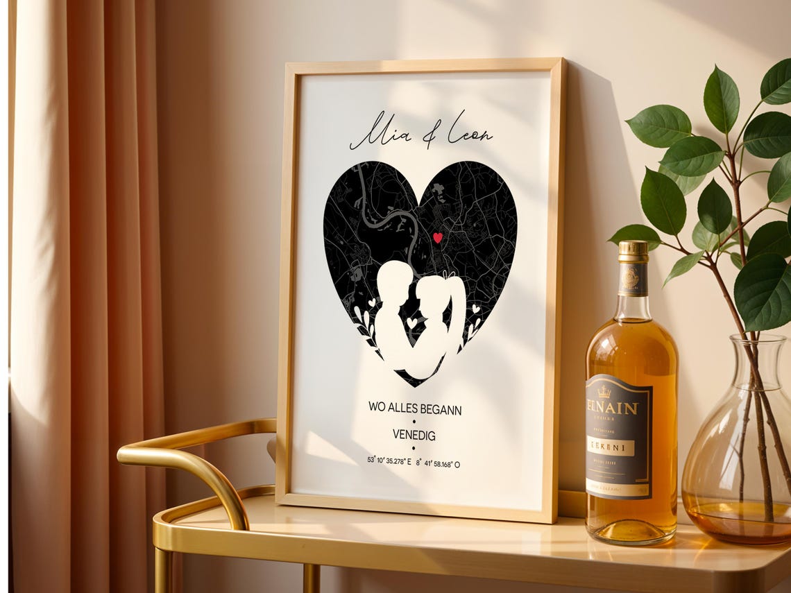 City Map Poster Paar Personalized With Heart Coordinates Wedding Anniversary Engagement Gift A3a4 Framed Print