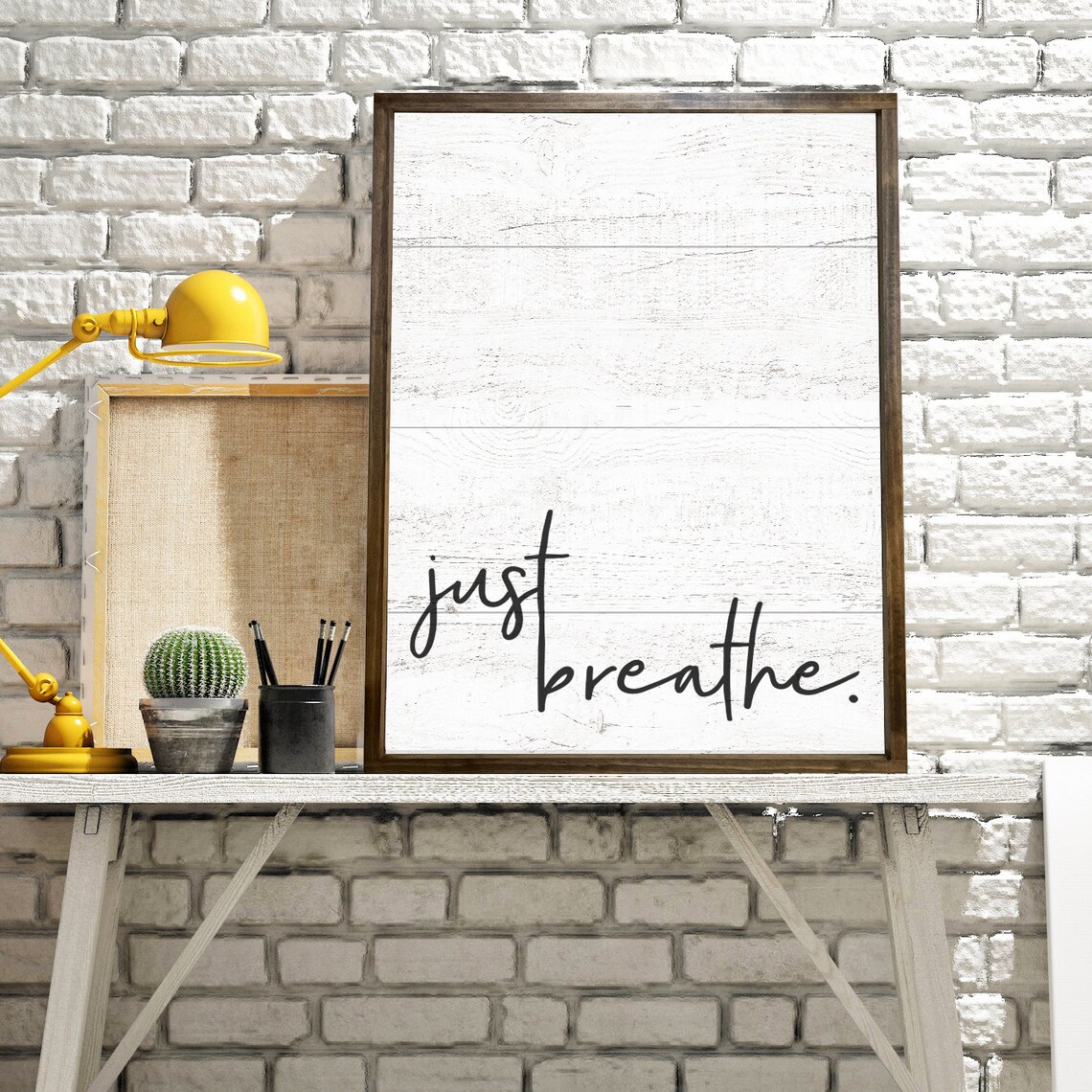 Just Breathe Faux Wood Textured Motivational Art Print - Image 3
