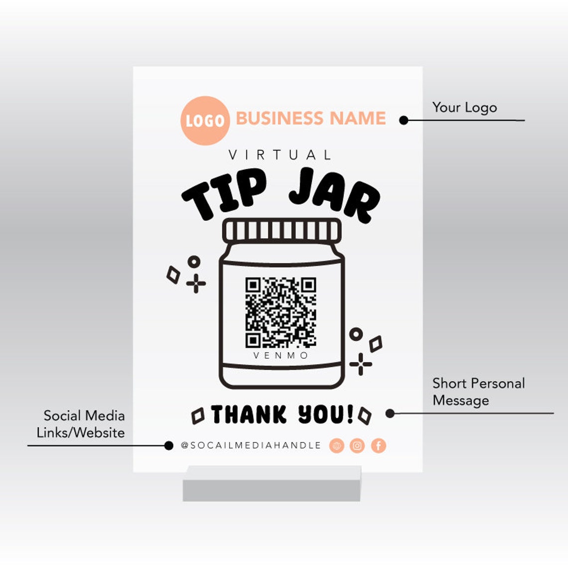 Custom Virtual Tip Jar QR Code Acrylic Business Thank You Sign Print - Image 2
