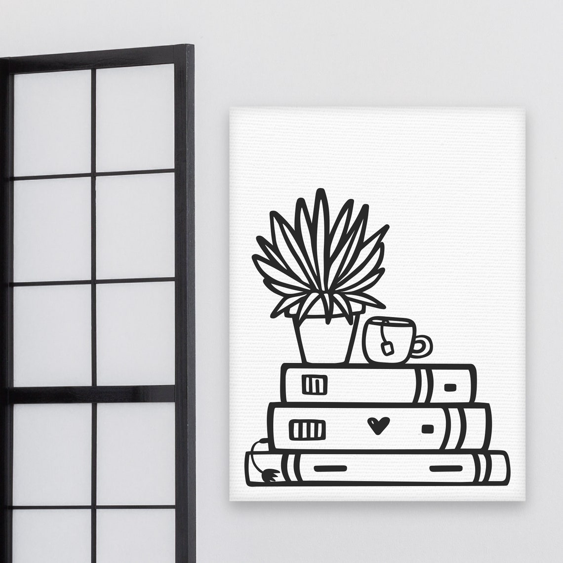 Books Tea and Plants Line Illustration Cozy Reading Nook Poster - Image 3