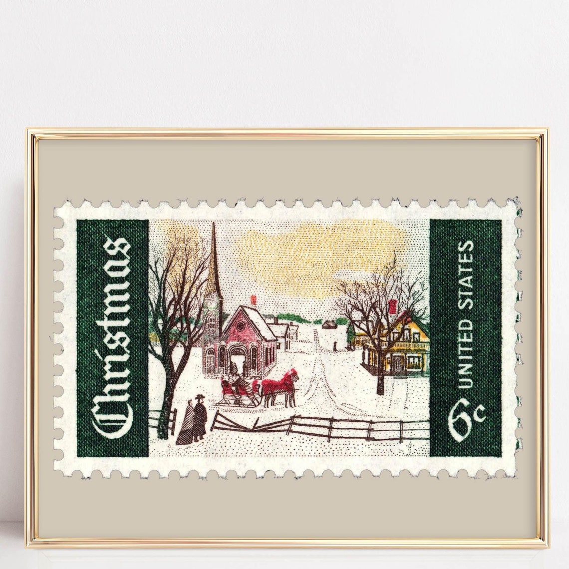Vintage Christmas 6 Cent Postage Stamp Winter Scene Art Poster