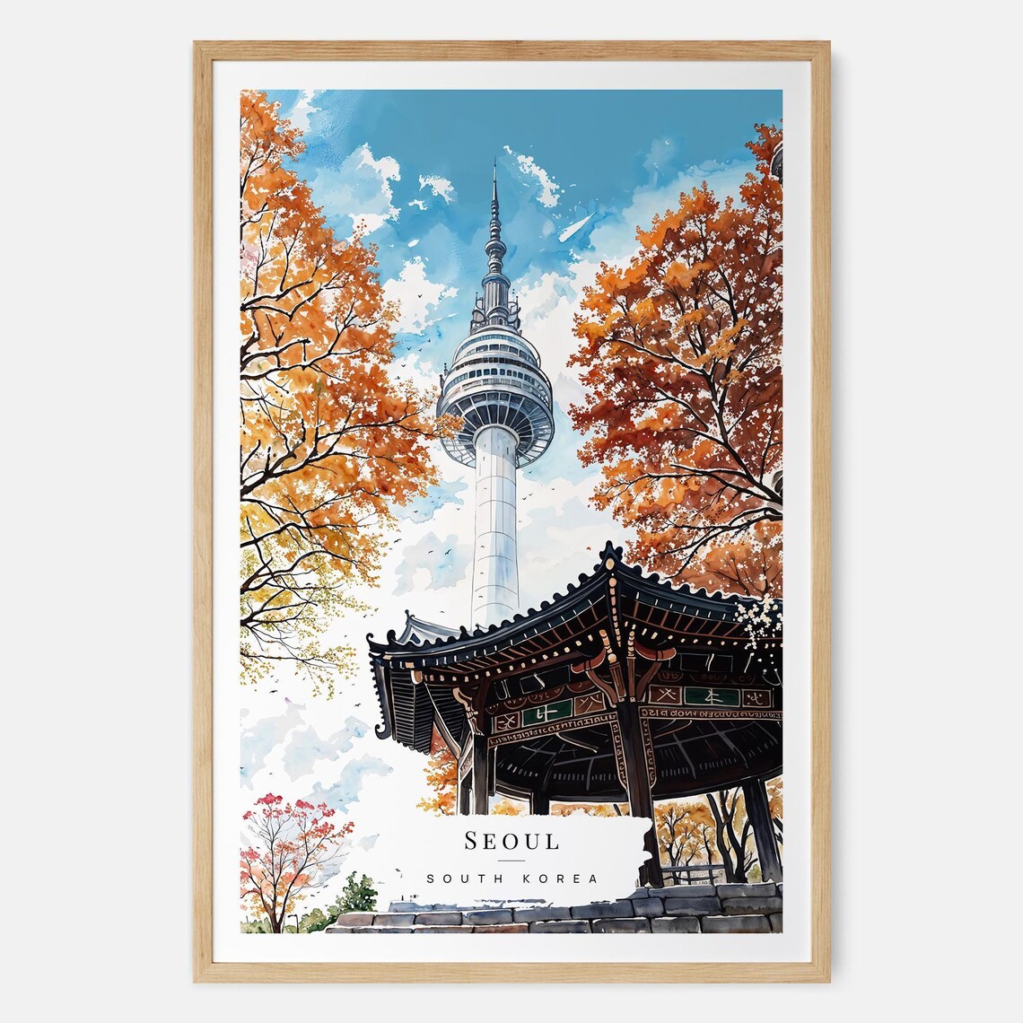 Seoul N Tower Watercolor Travel Print, South Korea