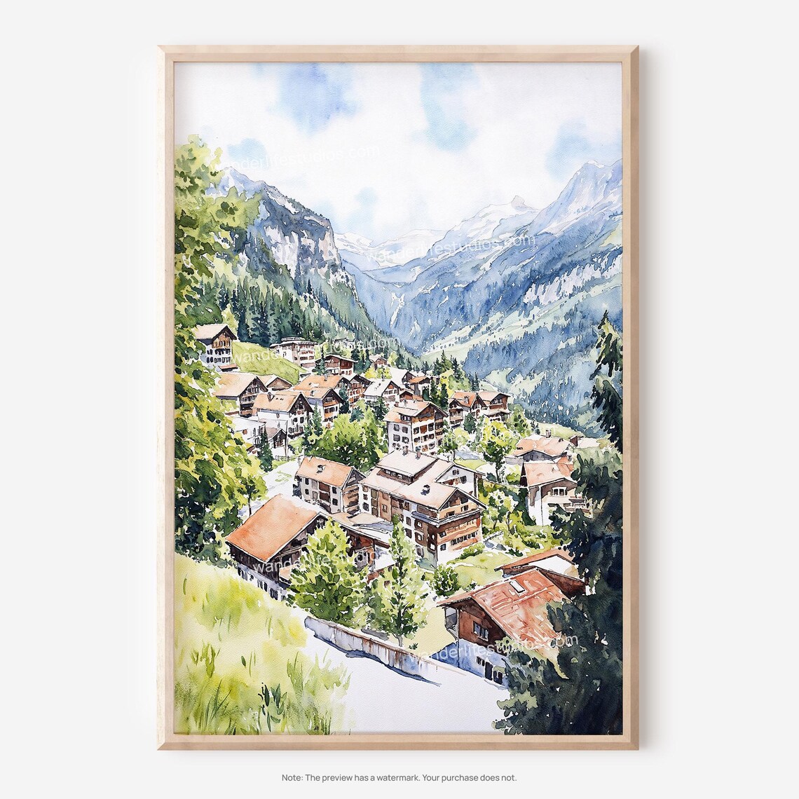 Wengen Switzerland Alpine Village Chalets Summer Watercolor Poster