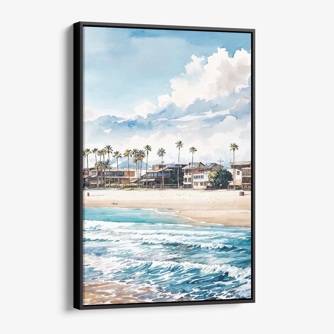 Sunny Palm Tree Beach Houses Watercolor Ocean Wave Art Poster