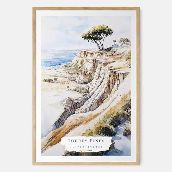 Torrey Pines San Diego Watercolor Coastal Cliffs Travel Poster