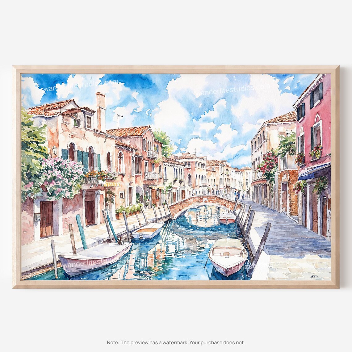 Venice Canal Watercolor with Brick Bridge Boats and Houses Poster