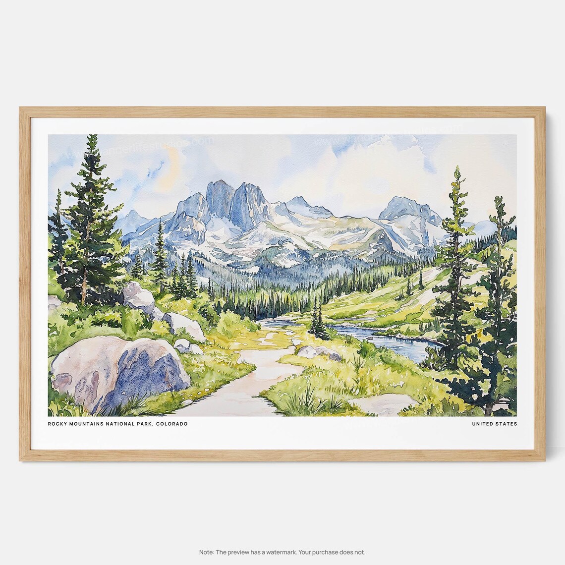 Rocky Mountains National Park Colorado Alpine Watercolor Poster
