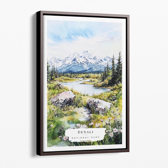 Denali National Park Watercolor Snowy Peak Wildflower Meadow Travel Poster