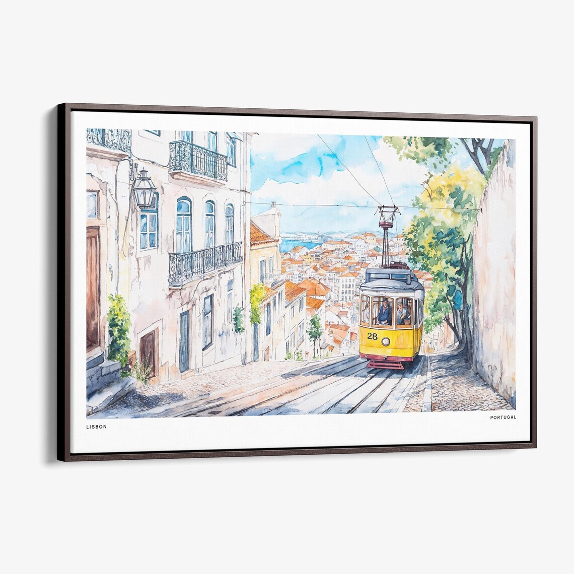 Lisbon Portugal Tram 28 on Steep Cobblestone Street Watercolor Poster