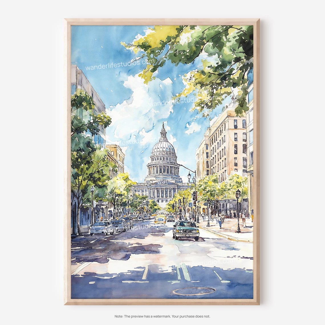 Domed Capitol Building Tree Lined Street Watercolor Cityscape Poster