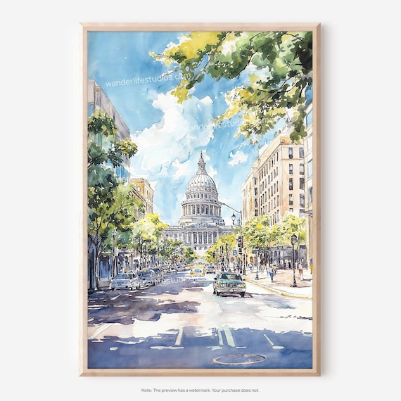 Domed Capitol Building Tree Lined Street Watercolor Cityscape Poster
