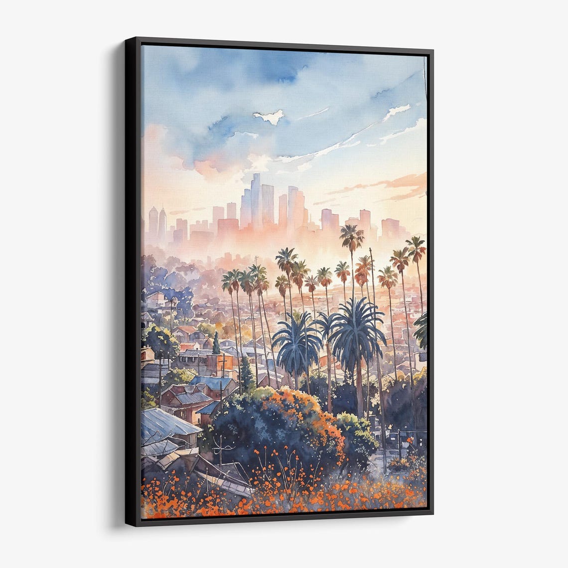 Los Angeles Skyline Sunset Palm Trees Watercolor Cityscape Poster