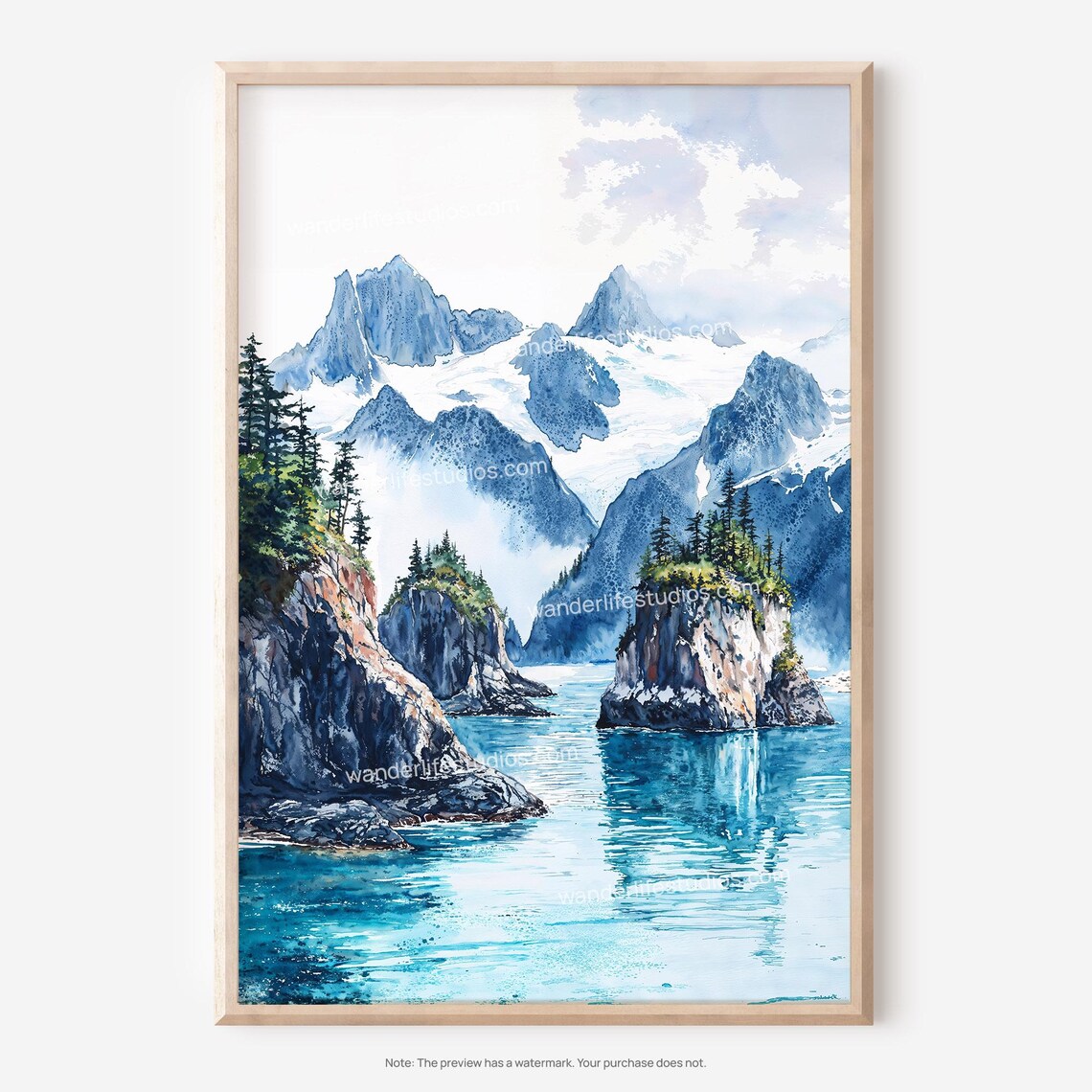 Kenai Fjords National Park Alaska Glacial Watercolor Fjord Poster