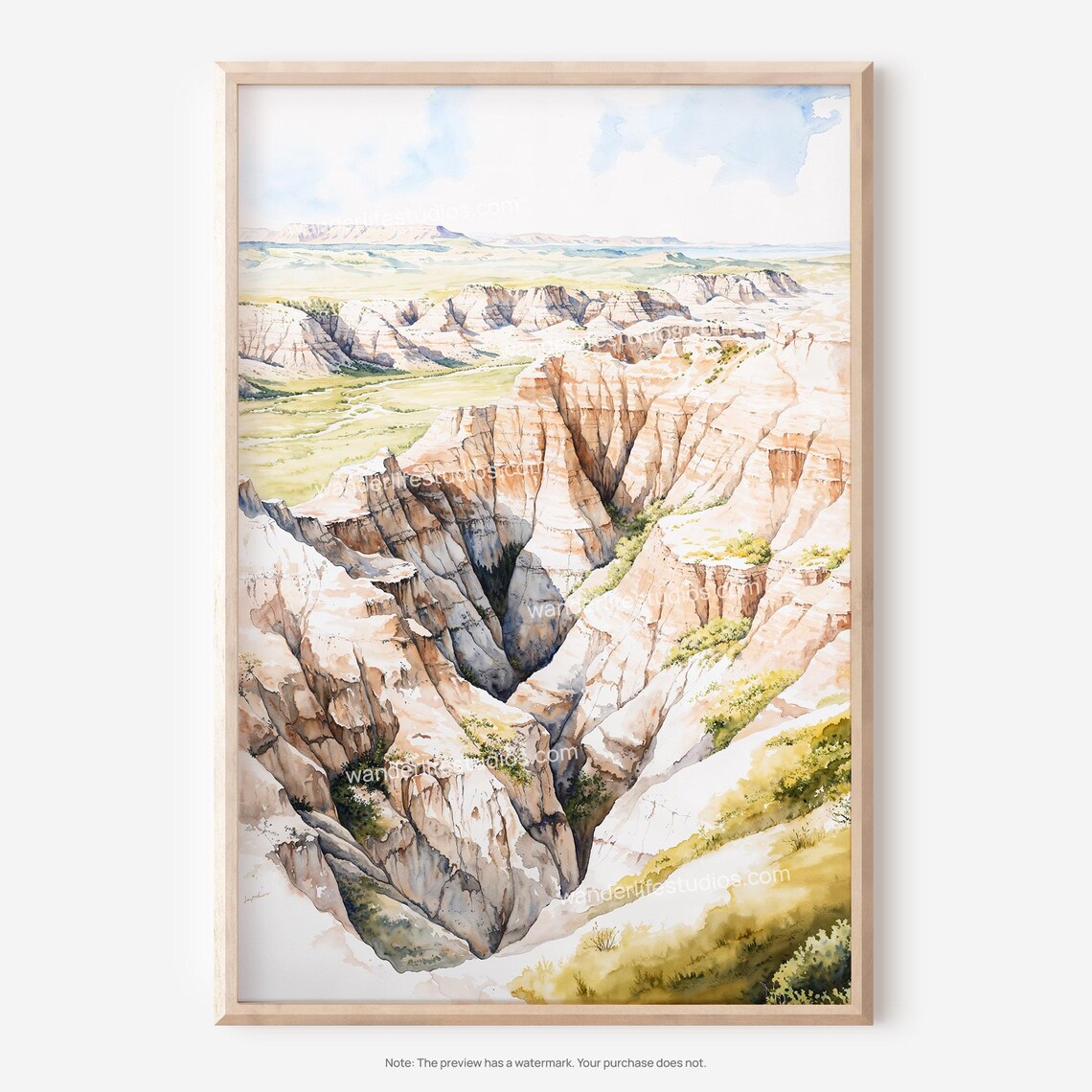 Badlands National Park Watercolor Poster Eroded Canyon Landscape